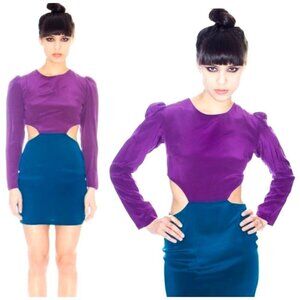 Naven By Revolve Silk Purple And Turquoise Long Sleeve Cut Out Mini Dress Size S